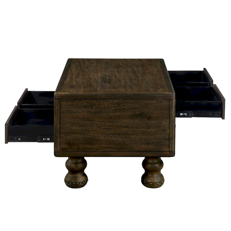 Rectangle Coffee Table, 4 Drawers, Pine Wood & MDF, Oak Veneer, Gourd Legs, 40