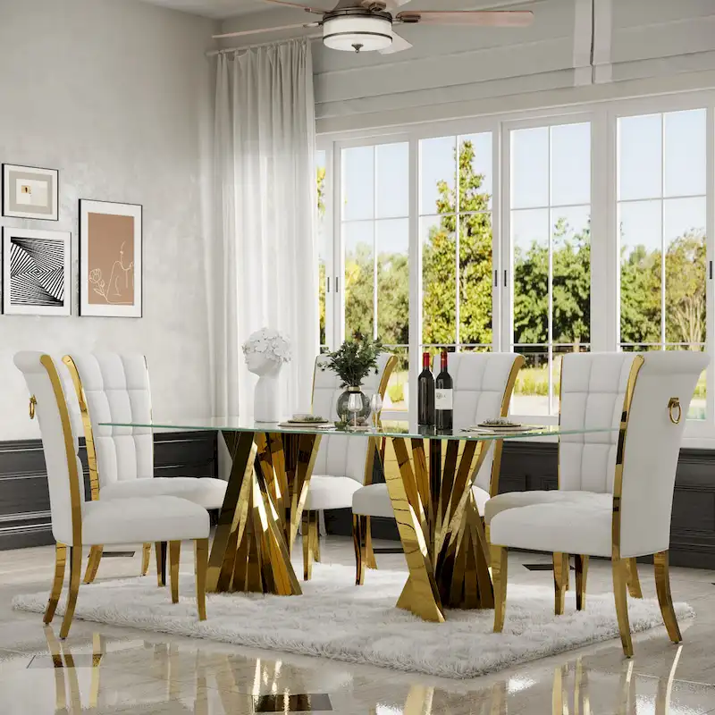 Luxury White Velvet Dining Chairs with Pull Ring on Back and Polished Gold Legs