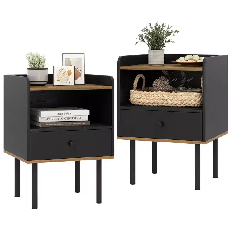 3-Tier Sofa Side Table with Drawer & Open Shelf, Metal Legs, Set of 2, Black & Natural