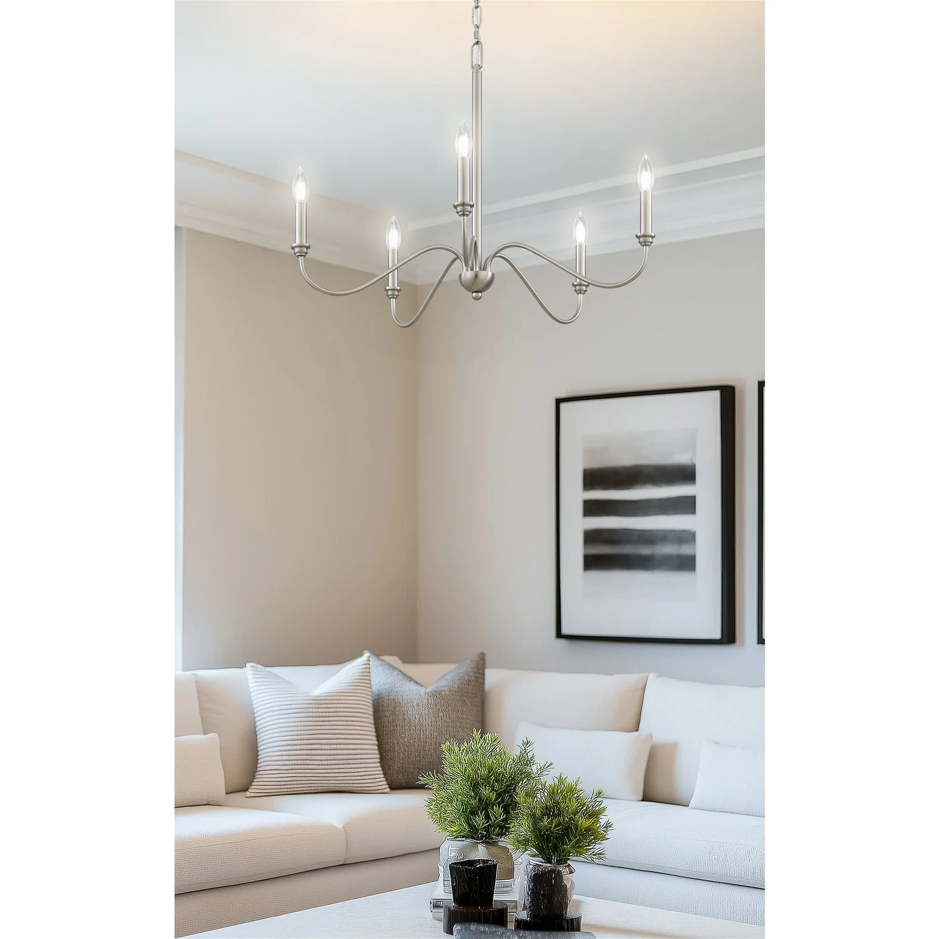 Kira Home Archer 28 5-Light Large Modern Chandelier + Curved Arms, Adjustable Hanging Height, Brushed Nickel Finish