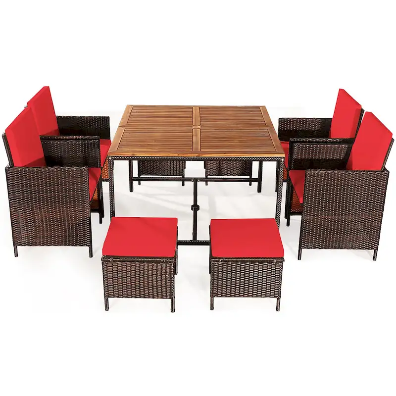 Costway 9PCS Patio Rattan Dining Set Cushioned Chairs Ottoman Wood - See Details