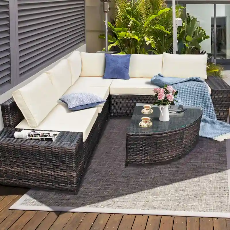 Gymax 6PCS Wicker Furniture Sectional Sofa Set w/ Cushions Off White - See details