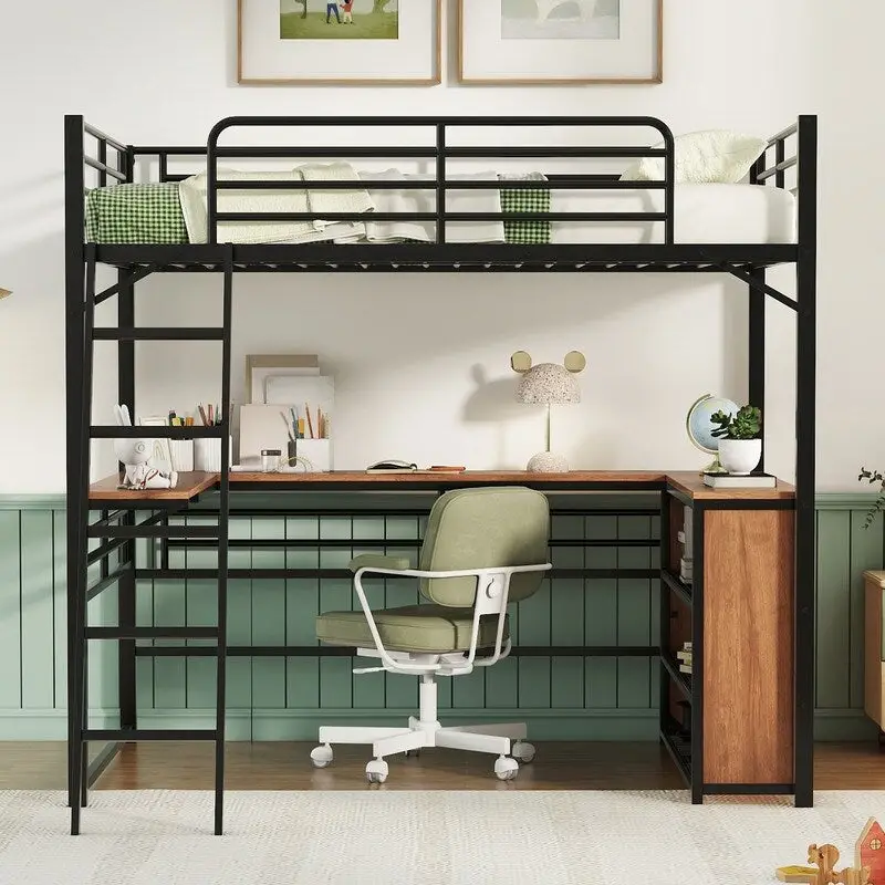 Metal Full Size Loft Bed with 3 Layers of Shelves and L-shaped Desk
