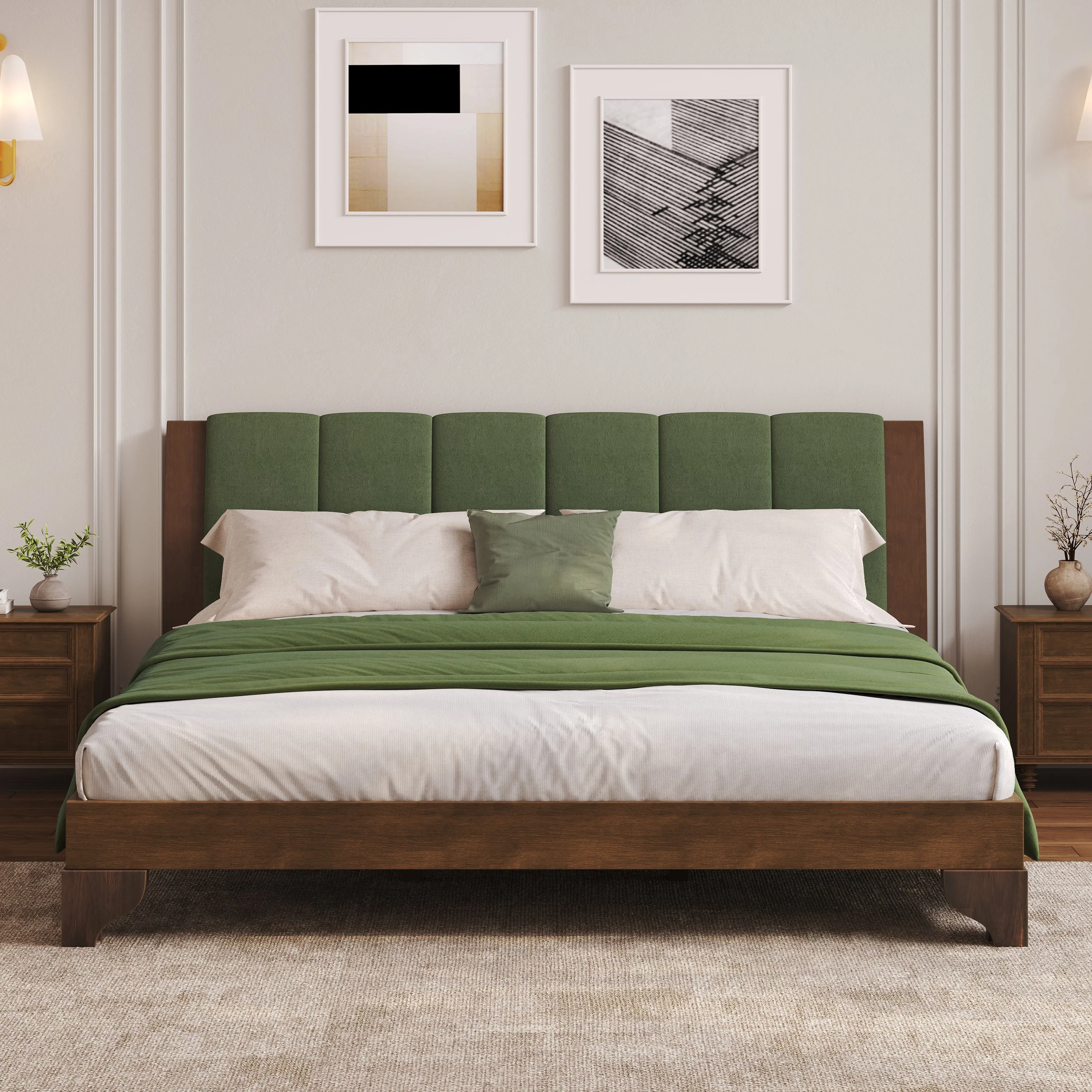 Mid Century Modern Wood and Upholstered Bedframe