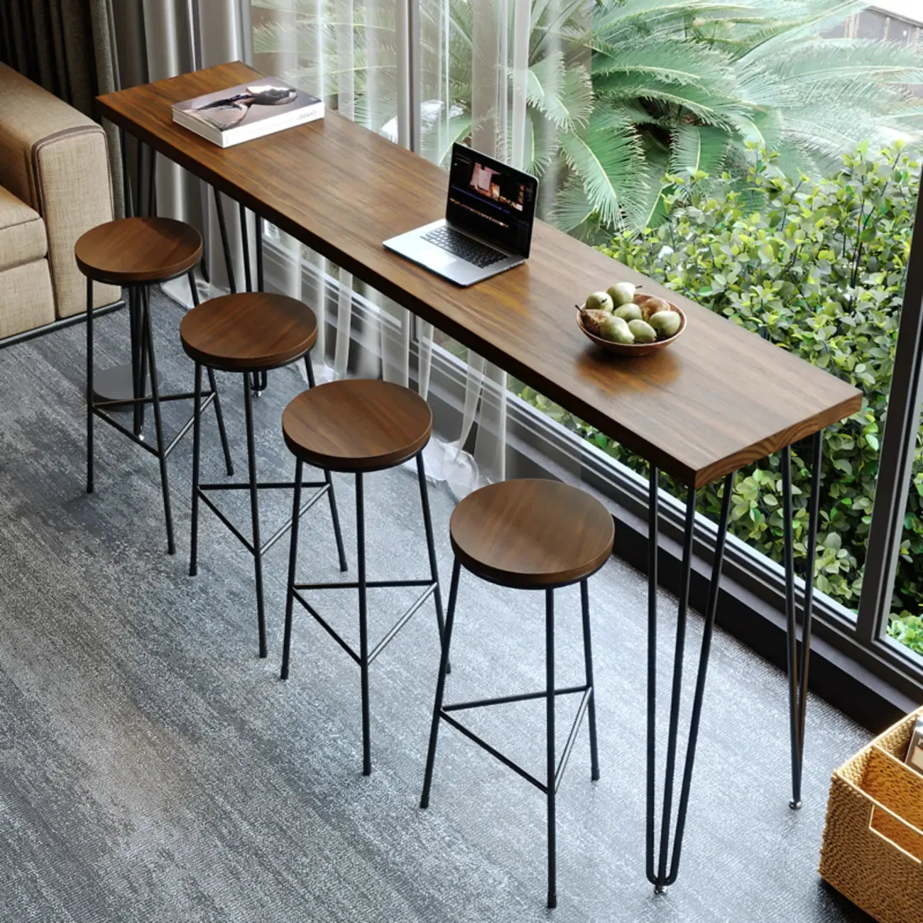 Modern brown wood and metal bar table