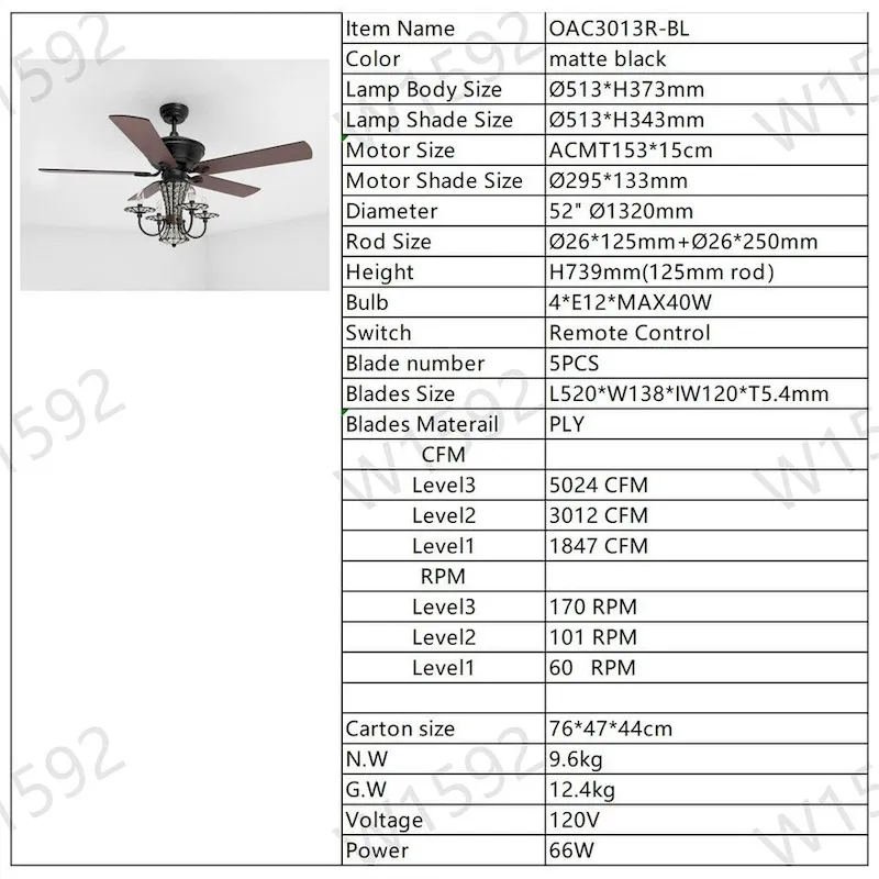 Chandelier Fan with Light and Remote,Dual Finish Reversible Blades