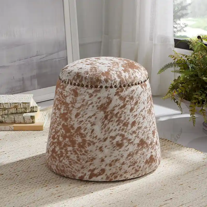 Cow Hide Pouf Ottoman with Nail Heads - 17 - Brown and White
