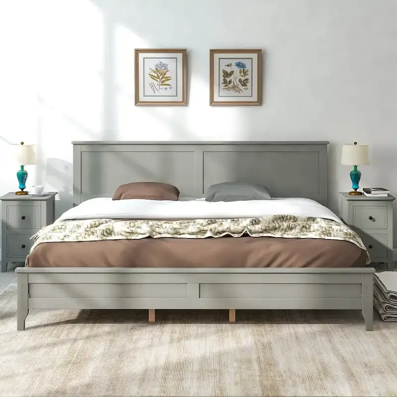 King Platform Bed in  Gray Pine Wood - Simple Slat Design, Elegant, High Load Capacity