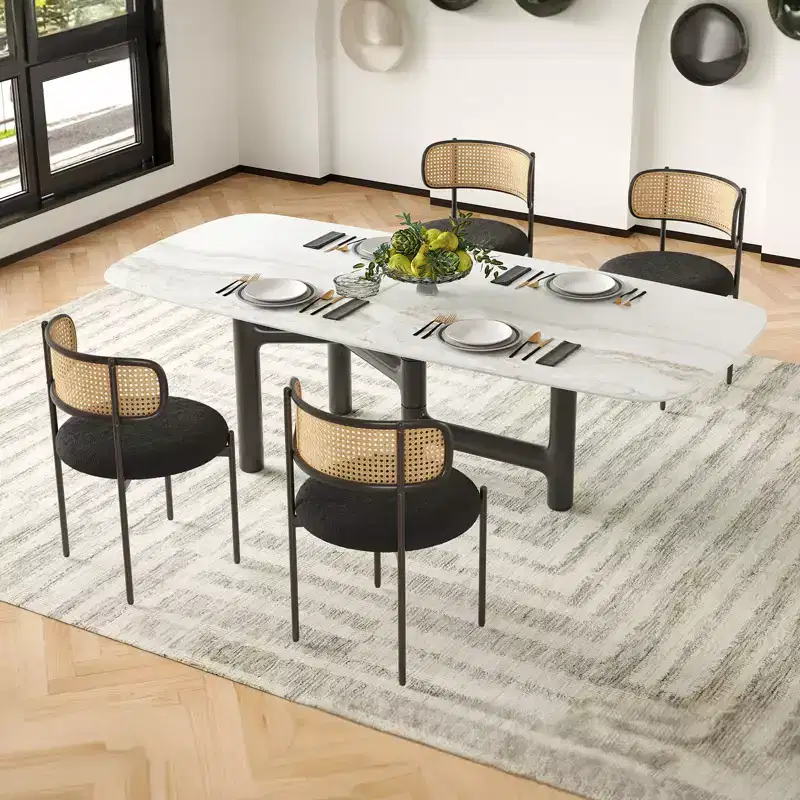PexFix 2Pcs Modern Upholstered Dining Chairs Rattan Back Dining Room Chairs Accent Kitchen Chairs with Metal Legs Black