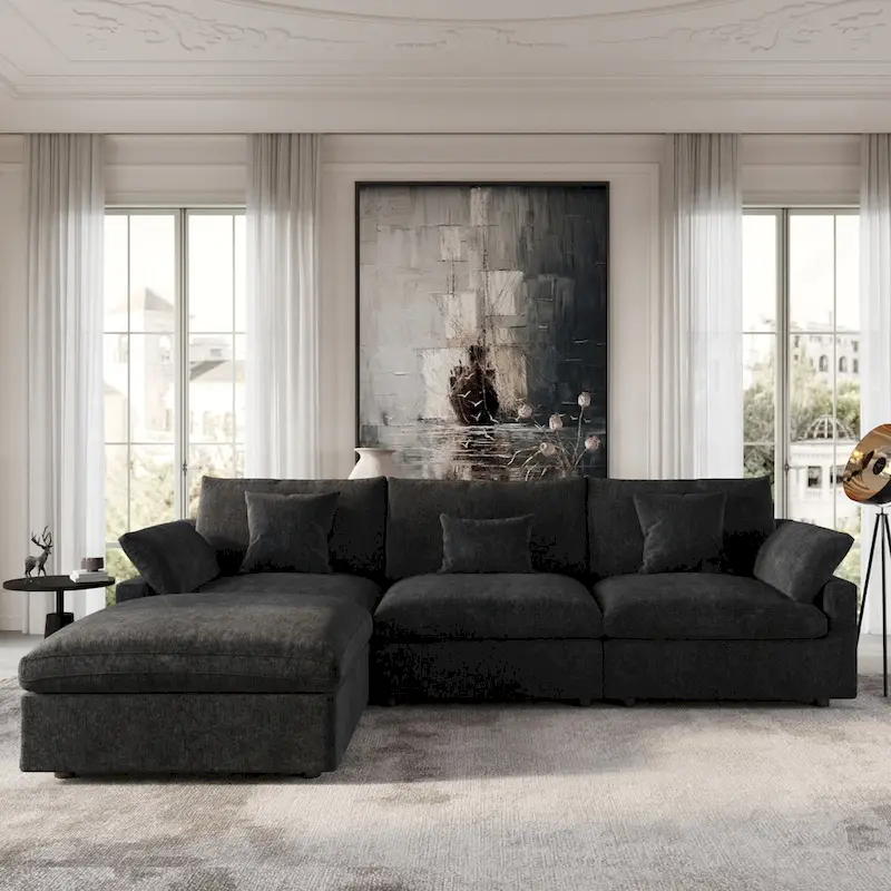 Black Commix Down Filled Overstuffed Sectional Sofa with Ottoman