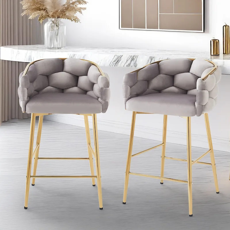 Set of 2 Bar Stools with Velvet Padded Seat and Metal Legs