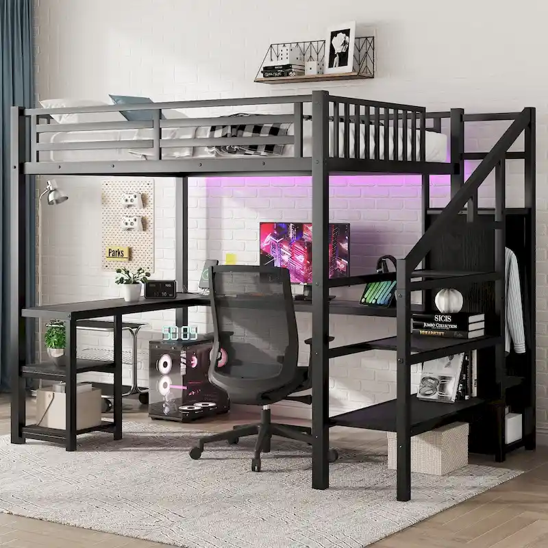 Full Loft Bed with Desk, Wardrobe, LED, USB