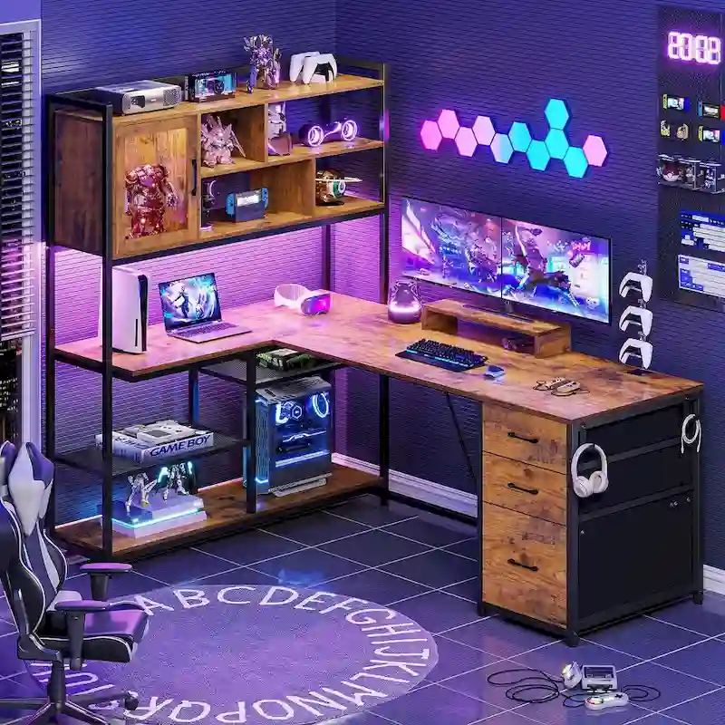 L Shaped Computer Desk 58 Office Desk with 3 Drawers and Bookshelf