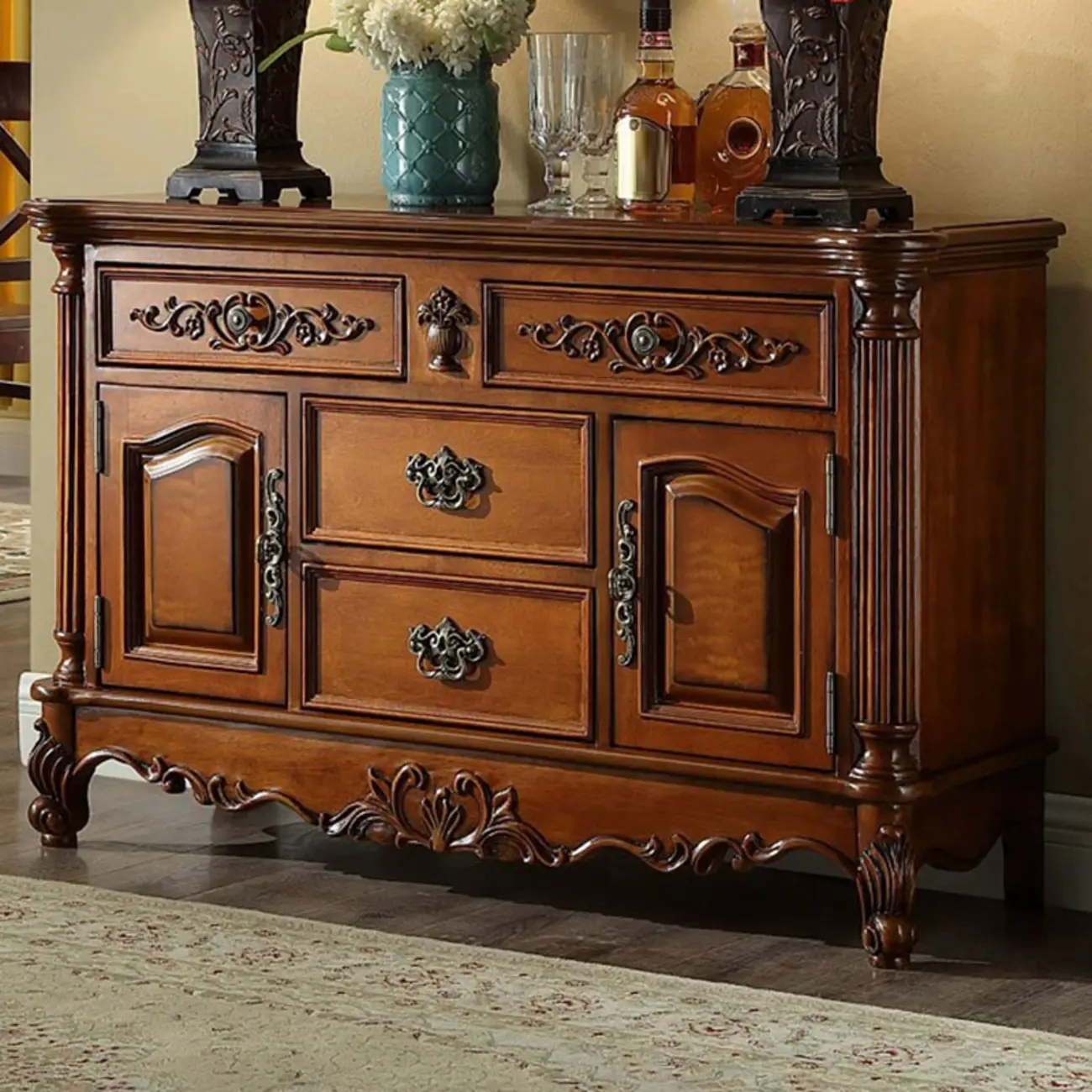Traditional Brown Rubberwood Sideboard with Drawers