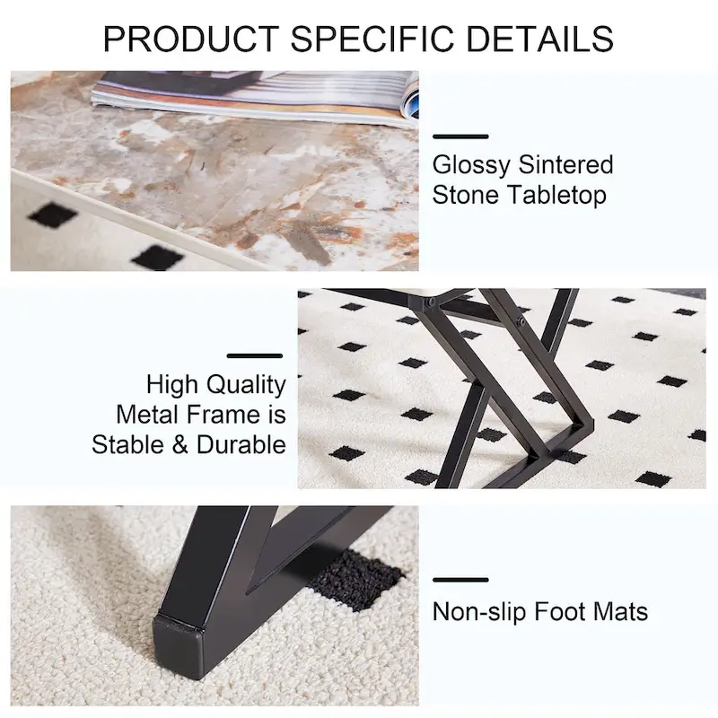 47 Modern Rectangular Coffee Table with Sintered Stone Tabletop and X-shaped Metal Legs