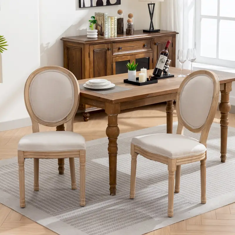 Solid Wood Dining Chair with Linen Upholstery, Set of 2
