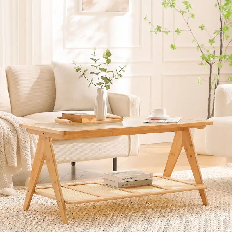 2-Tier Rectangular Coffee Table, Glass Top Sofa Table - 39.4L x 19.7W x 19.7D