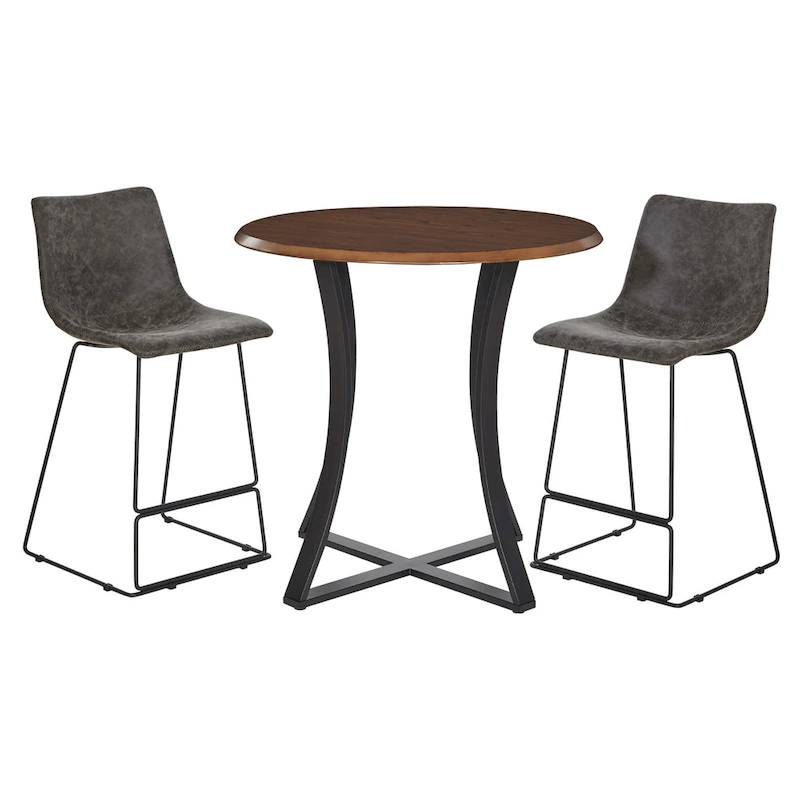 3-Piece 36 Round Top Counter Height Dining Table with 2 Faux Leather Stools