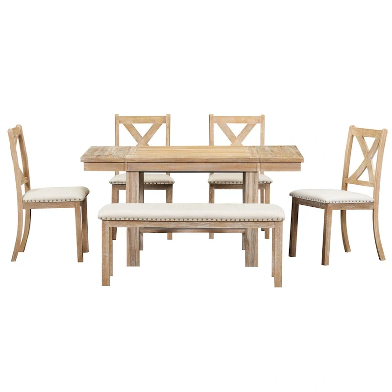 Farmhouse 6-Piece Wooden Dining Table Set with Extendable Table & 4 Chairs