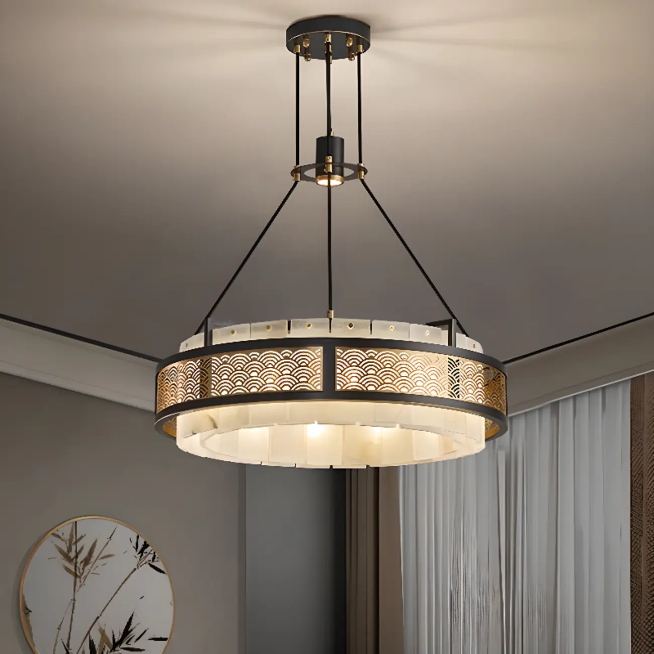 Black Metal Circle Stone Shade Modern Pendant Chandelier