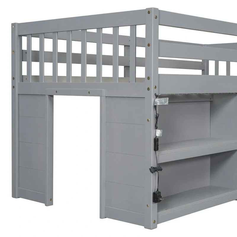 Twin Size Kid Low Loft Bed With Two-Tier Shelves And LED Light