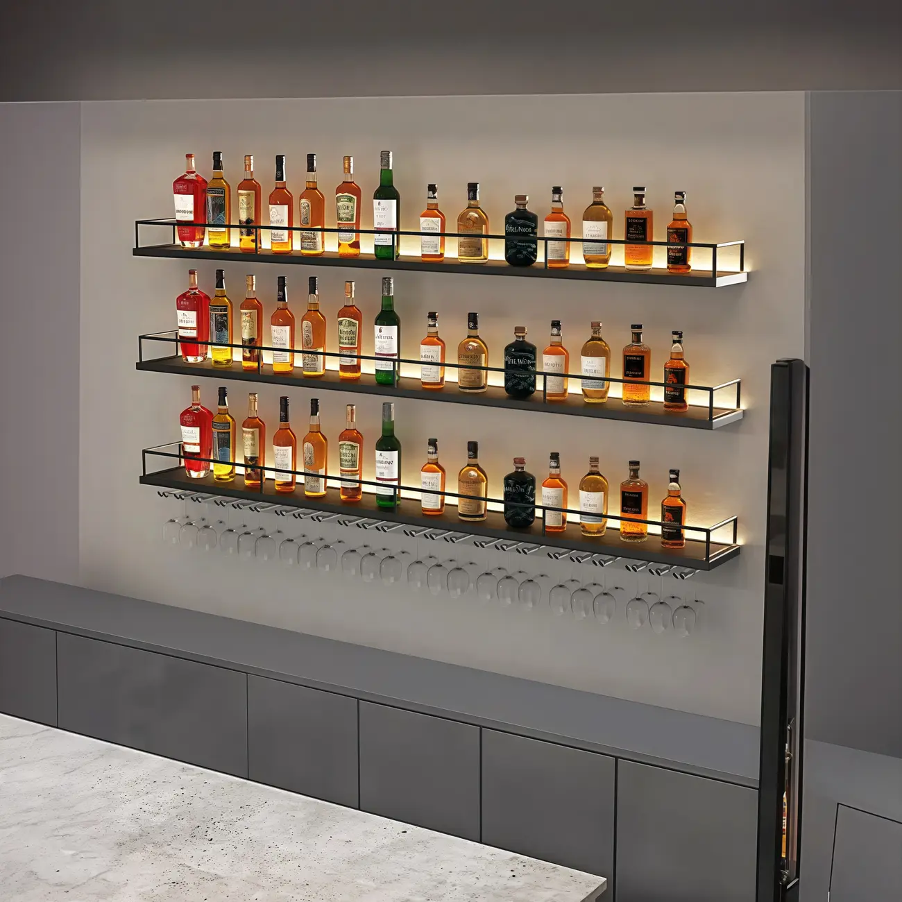 Wall-Mounted LED light Metal Open Wine Rack with Hook and Shelf