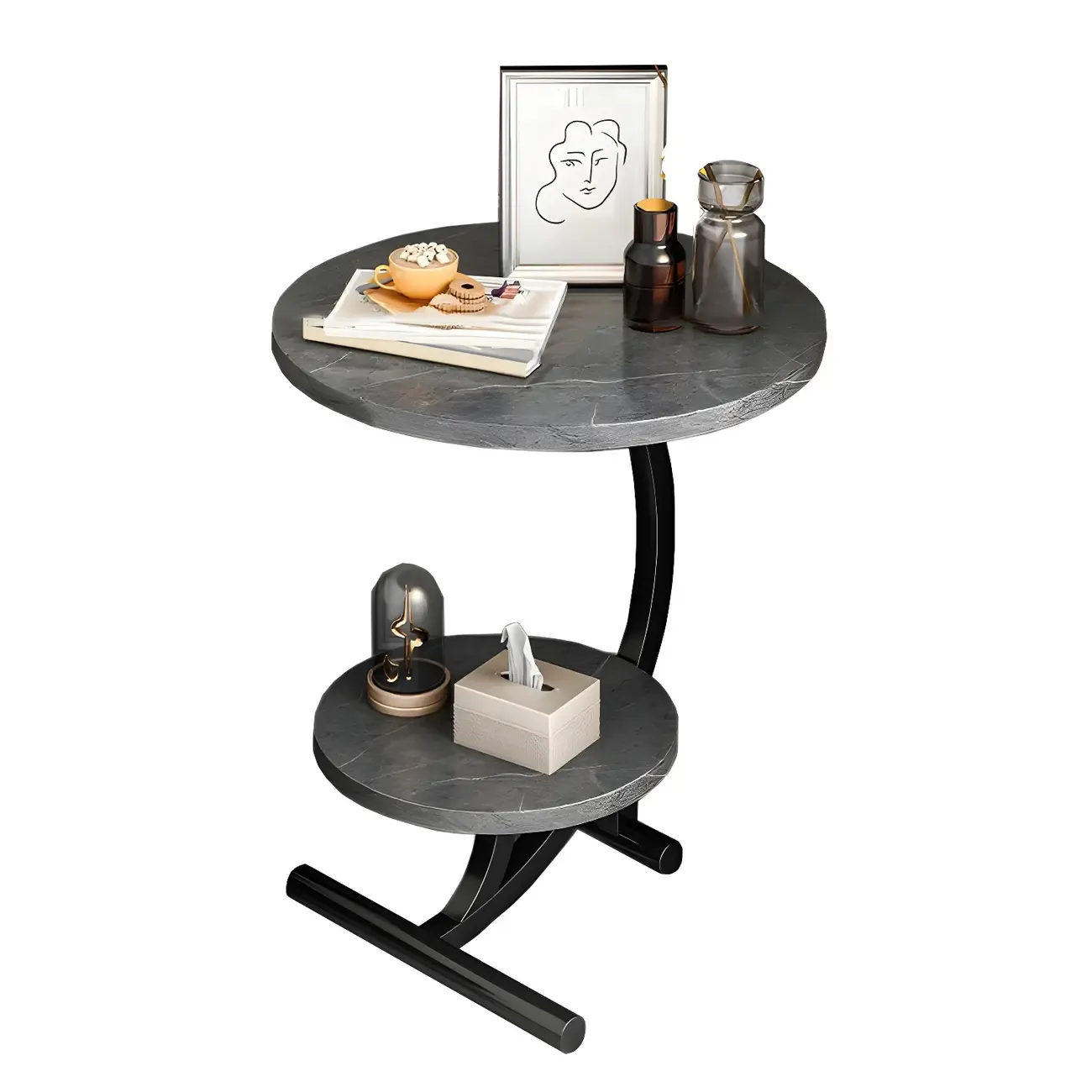 Modern Metal Frame Elegant Round Double Layer Nightstands