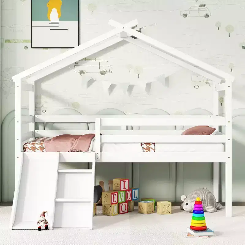 Whisen 81.7L x 67.6W Twin Low Loft House Bed with Slide, Ladder, Safety Guardrails, House Roof Frame