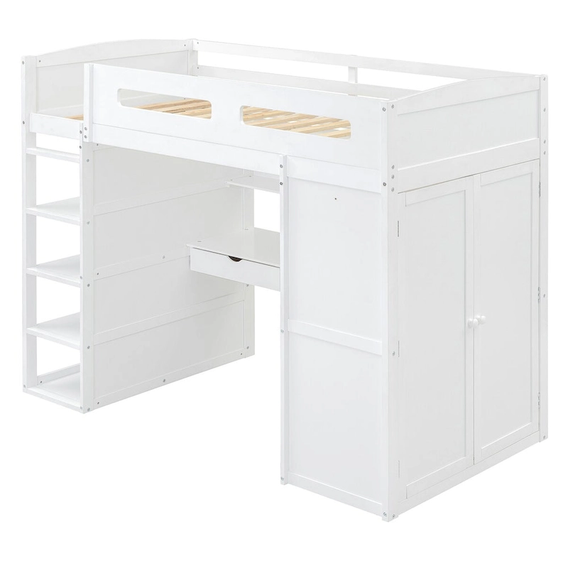 Merax Loft Bed with Desk, Wardrobes, 4 Drawers and 4 Shelves
