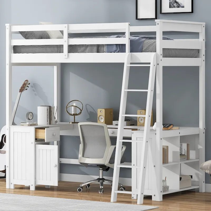 White Twin Size Solid Wood Loft Bed with Desk, Blackboard, and Drawers