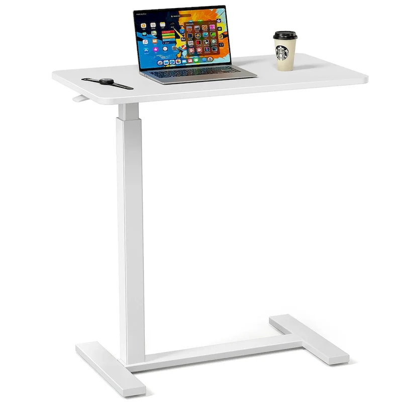 Adjustable Mobile L-Shaped Desk with Lockable Casters - White/Brown