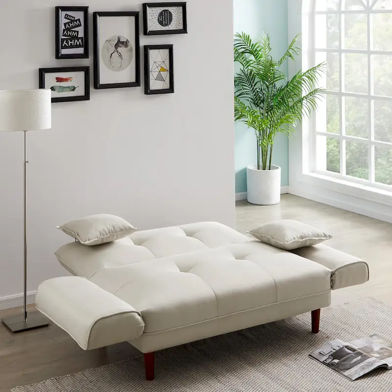 Multifunctional Sofa Bed Sleeper with 2 Pillows Beige Fabric