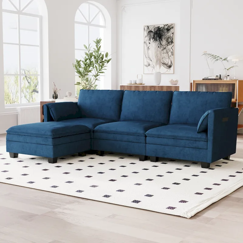 Christopher Knight Home - Noah Large 3-Seater L-Shaped Sofa with Movable Ottoman and Armrest Pockets, Fabric Upholstery