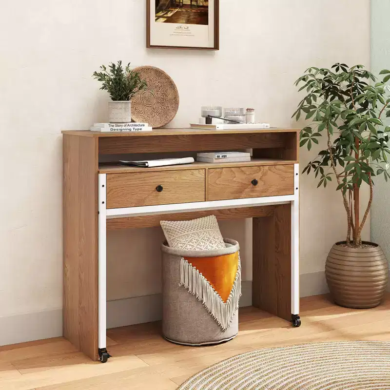 Costway 39.5 Expandable Rolling Computer Desk with Monitor Shelf 2-tier Desktop 2 Drawers