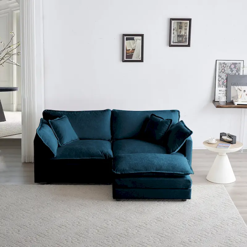 Chenille L-Shaped Sectional, 2 Seater Loveseat with Ottoman Blue