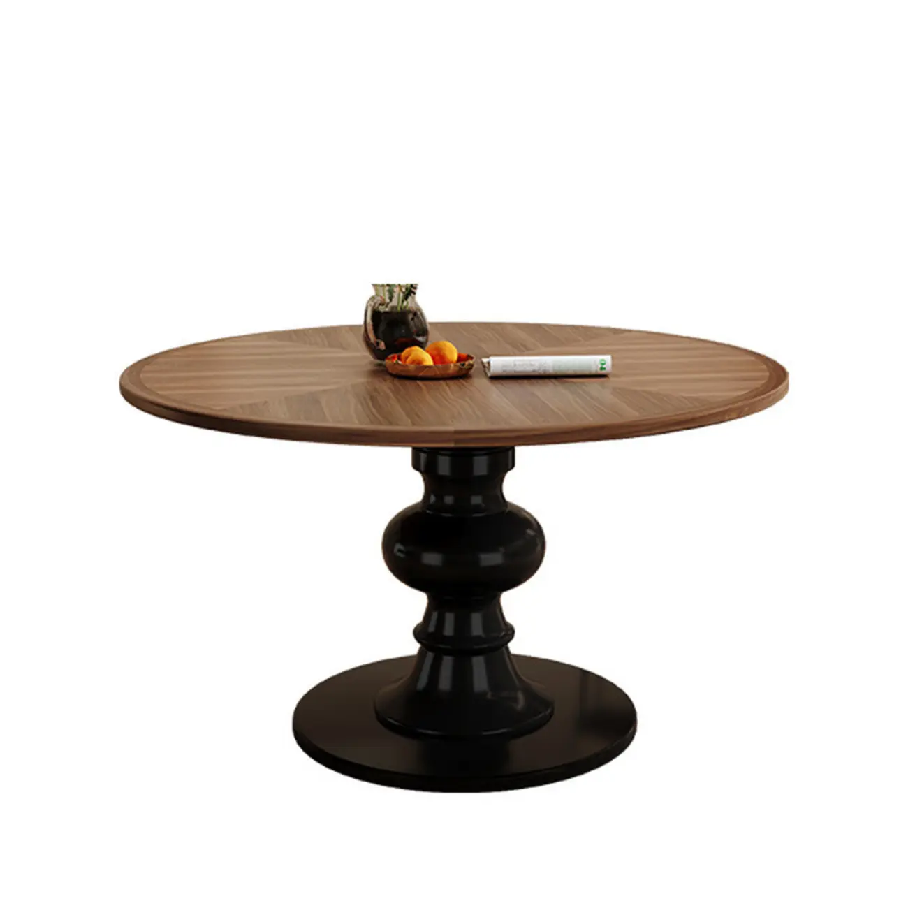 Art Deco Circular Dining Table with Brown Natural Wood Fixed Tabletop