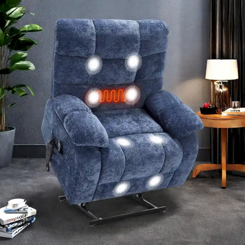 Oversized Chenille Power Lift Recliner Chair with Massage and Lumbar Heating, Charging Port, 180 Lying Flat