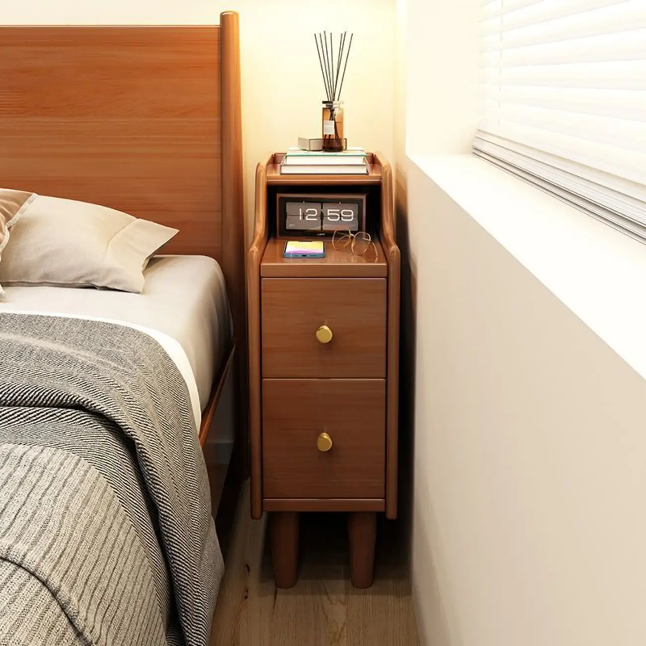 Narrow Wood 2 Drawers Nightstand in Natural Finish