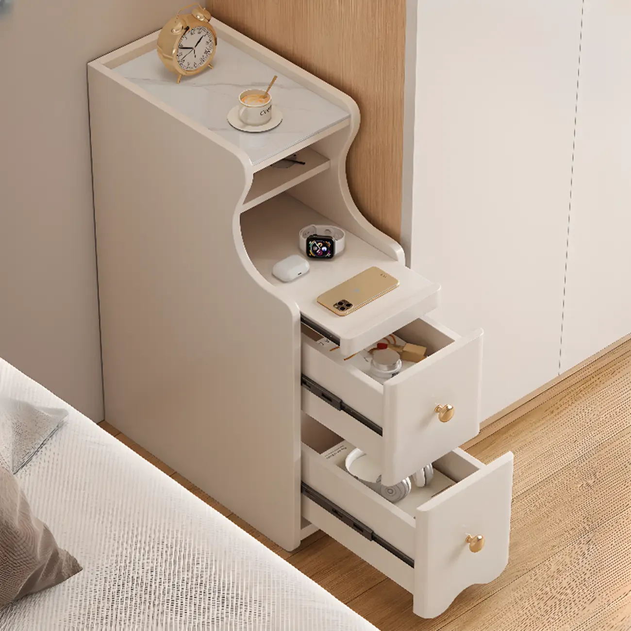 White Wood Faux Marble Open Storage Narrow Nightstand