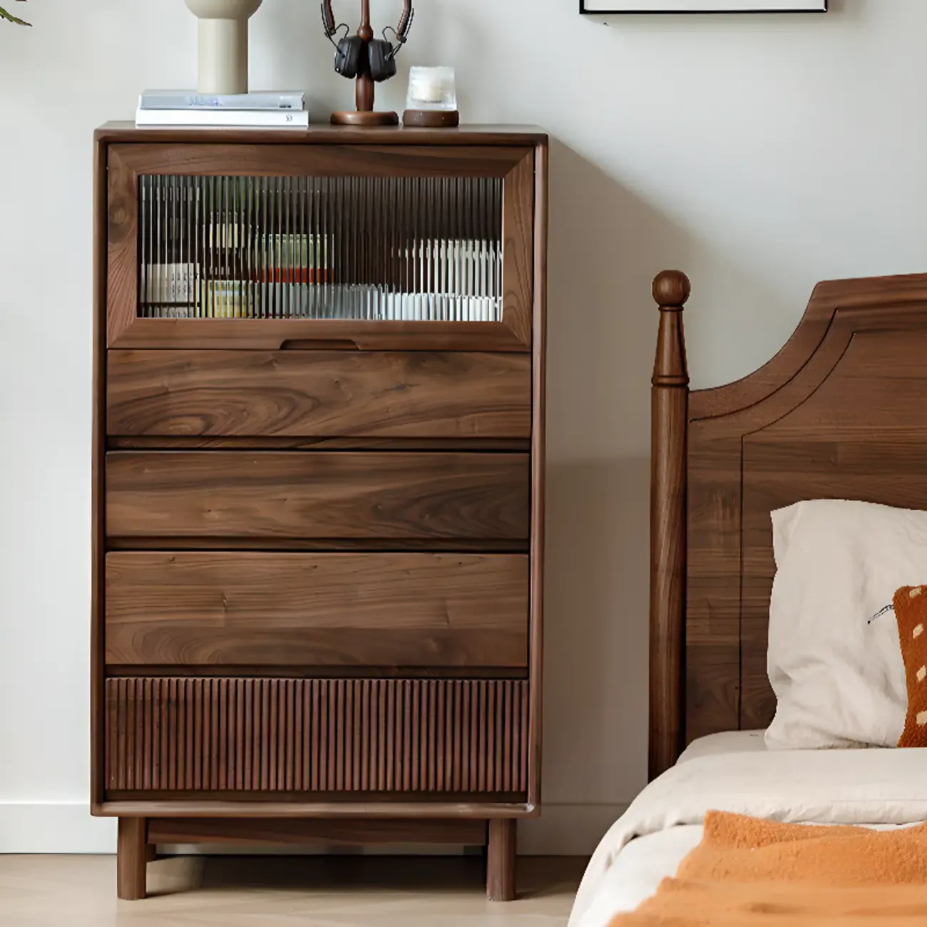 47H Modern Walnut Flip-Up Glass Door Storage Cabinet