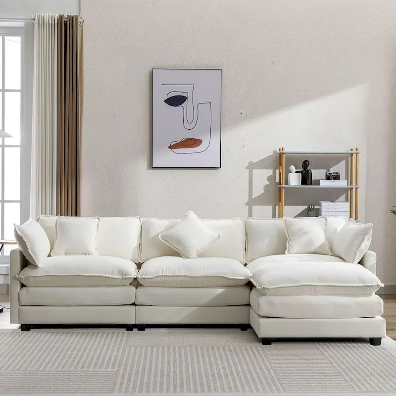 112 Modern L-Shape Chenille Upholstered Sofa with 5 Pillows