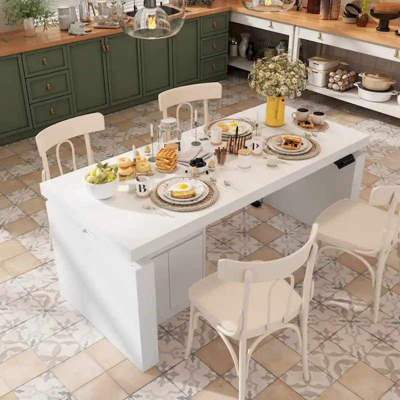 Ergonomic Sit-Stand Desk Pure White Elegance with Side Cabinet Table