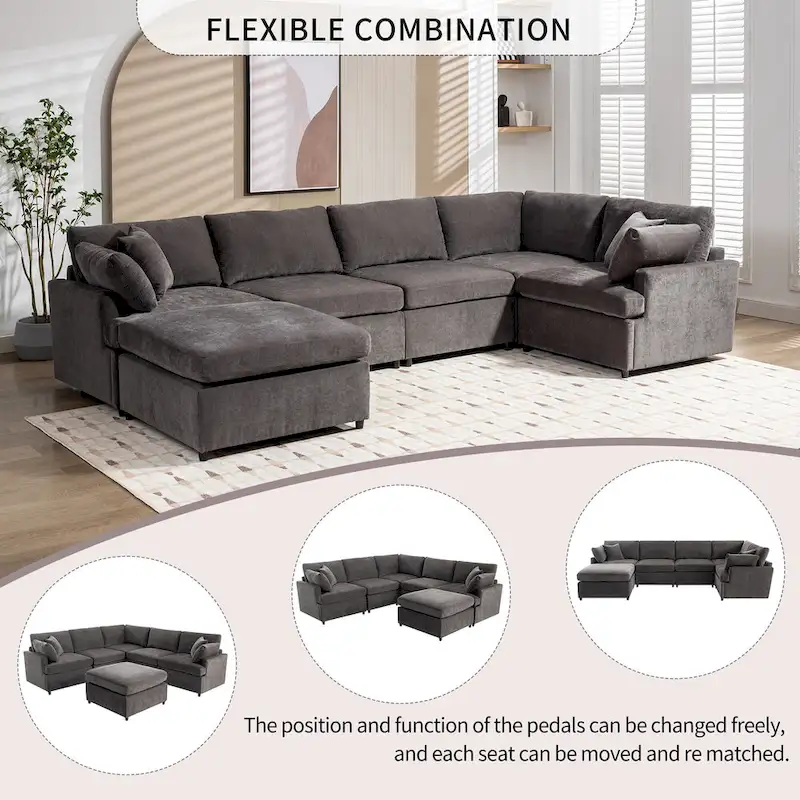 100.4 Spacious U-Shape 6 Seater Sectional Sofa with Removable Ottomans and Pillow, Flexible Configuration