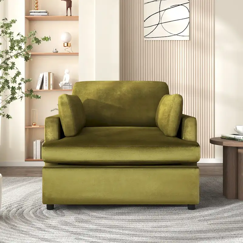 Green 37 Accent Chair with Plastic Legs and Decorative Pillows