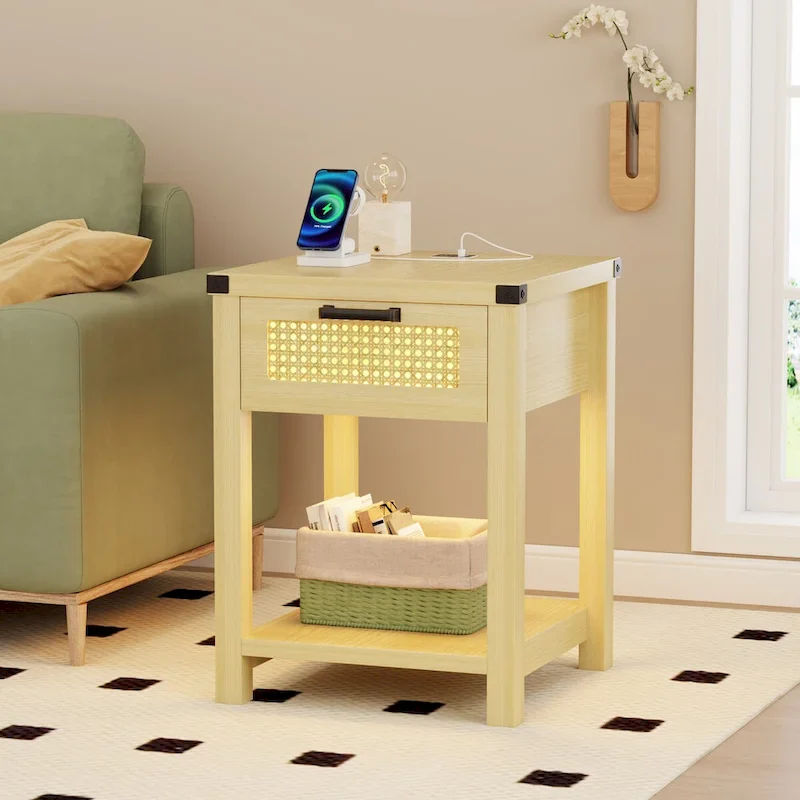 End Table - LED Light, USB & Type-C Charging, Motion Sensor, Rattan Drawer, Farmhouse, 150 lbs