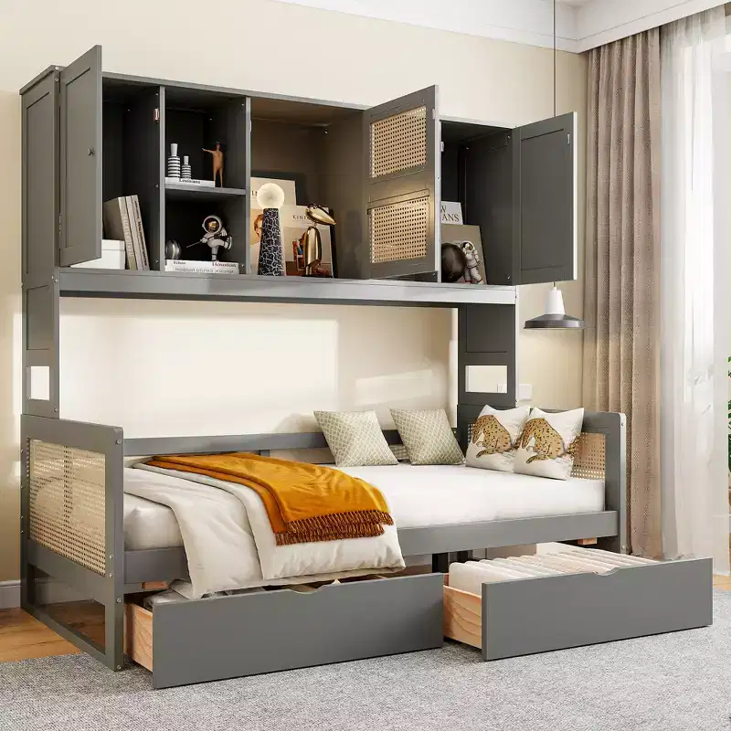 Twin/Full Daybed with and Storage Bookcase, Wooden Day Bed with Storage Cabinets Shelves