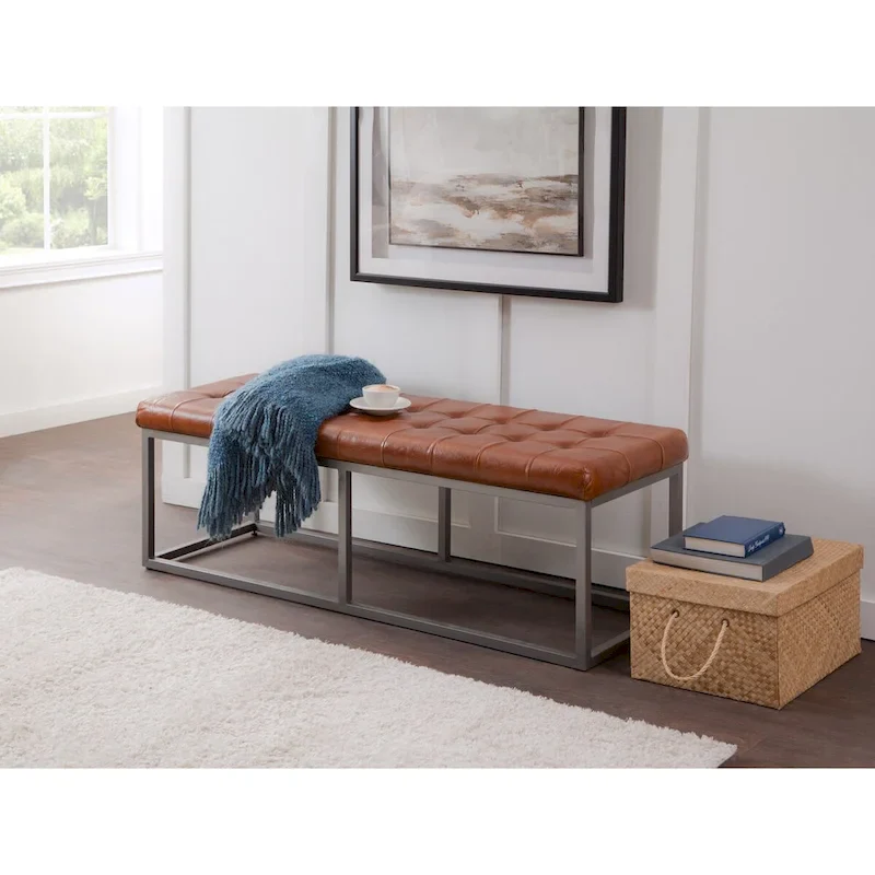 Quarterhorse Cinnamon Brown Genuine Leather and Metal Accent Bench