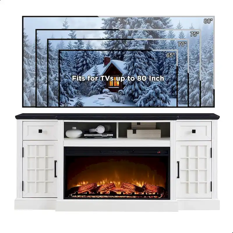 Black/Brown/White Farmhouse Electric Fireplace TV Stand, Fits 80