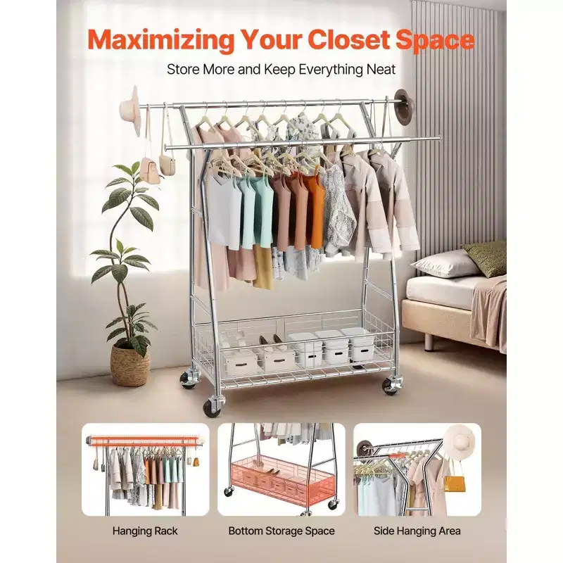 Heavy Duty Rolling Clothes Rack-Carbon Steel, 2 Hanging Rods, Storage Basket, 330LBS Load, Extendable