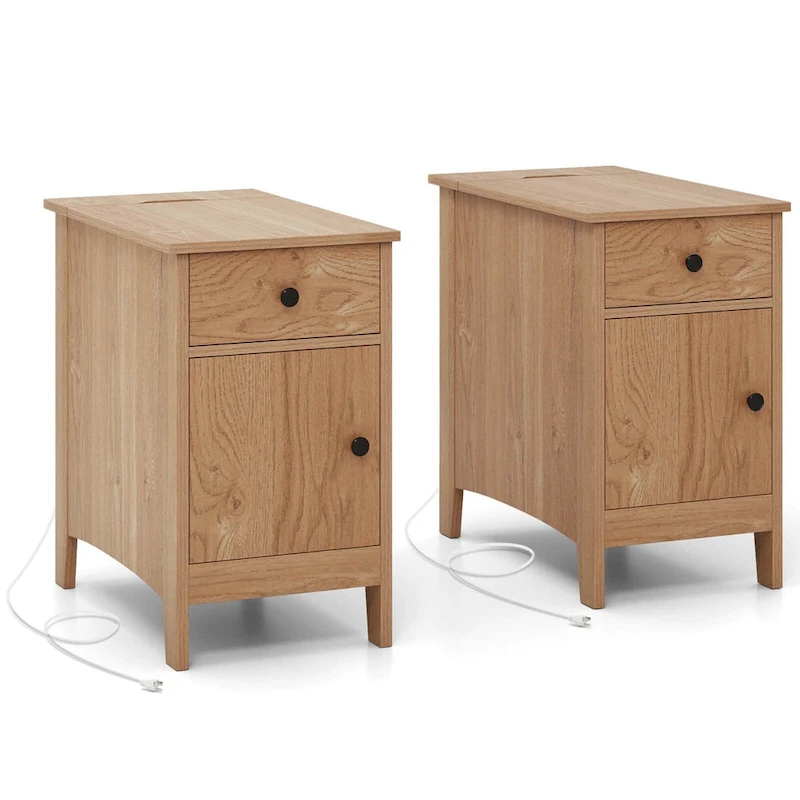 Costway 1/2 PCS End Table with Charging Station Flip Top Bedside Table